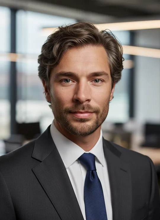 Corporate headshot in a suit against an office background